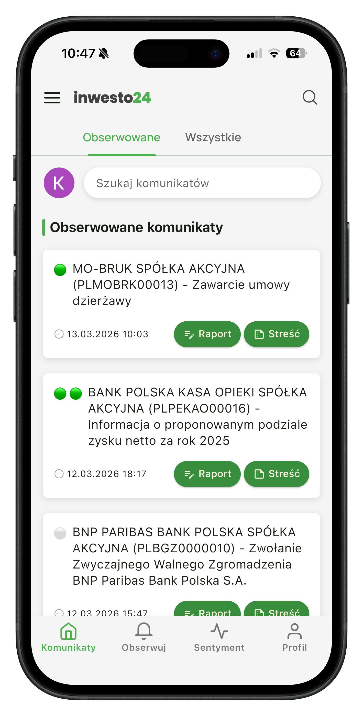 Lista komunikatów ESPI w aplikacji inwesto24