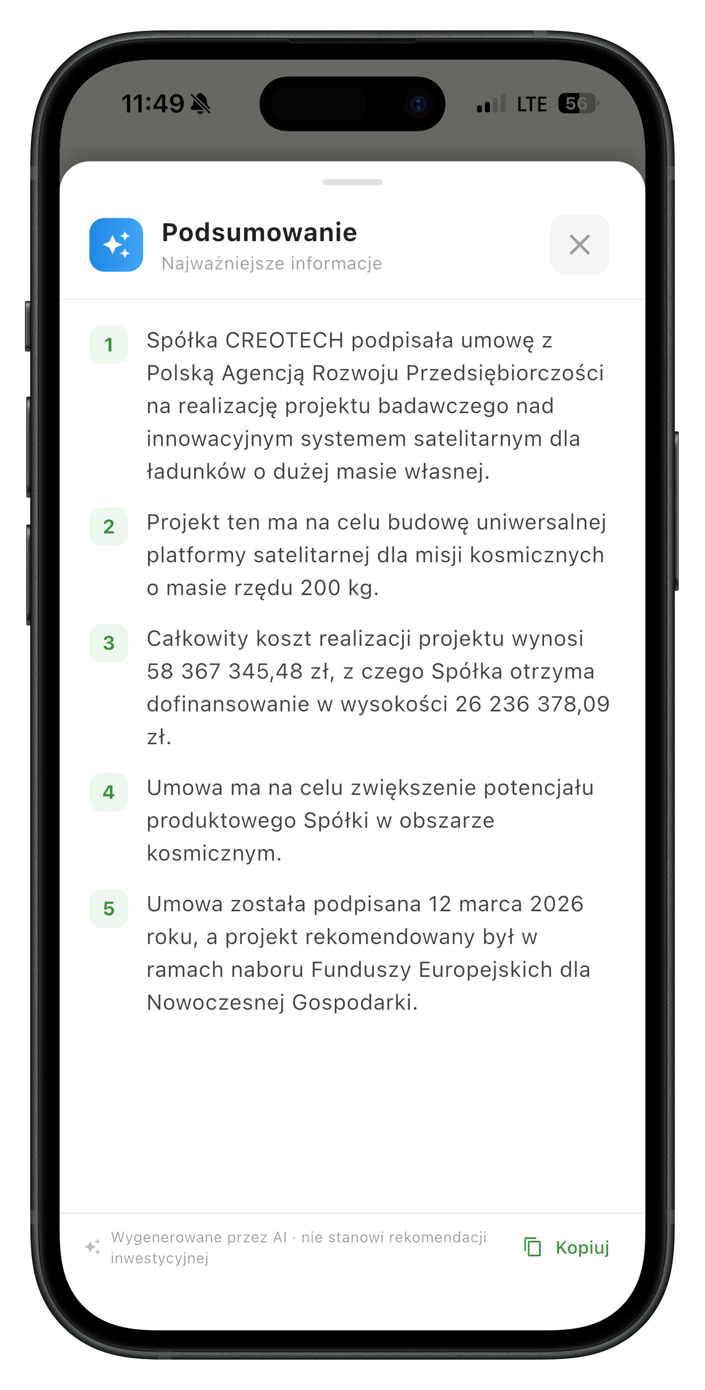 Podsumowanie komunikatu generowane przez AI
