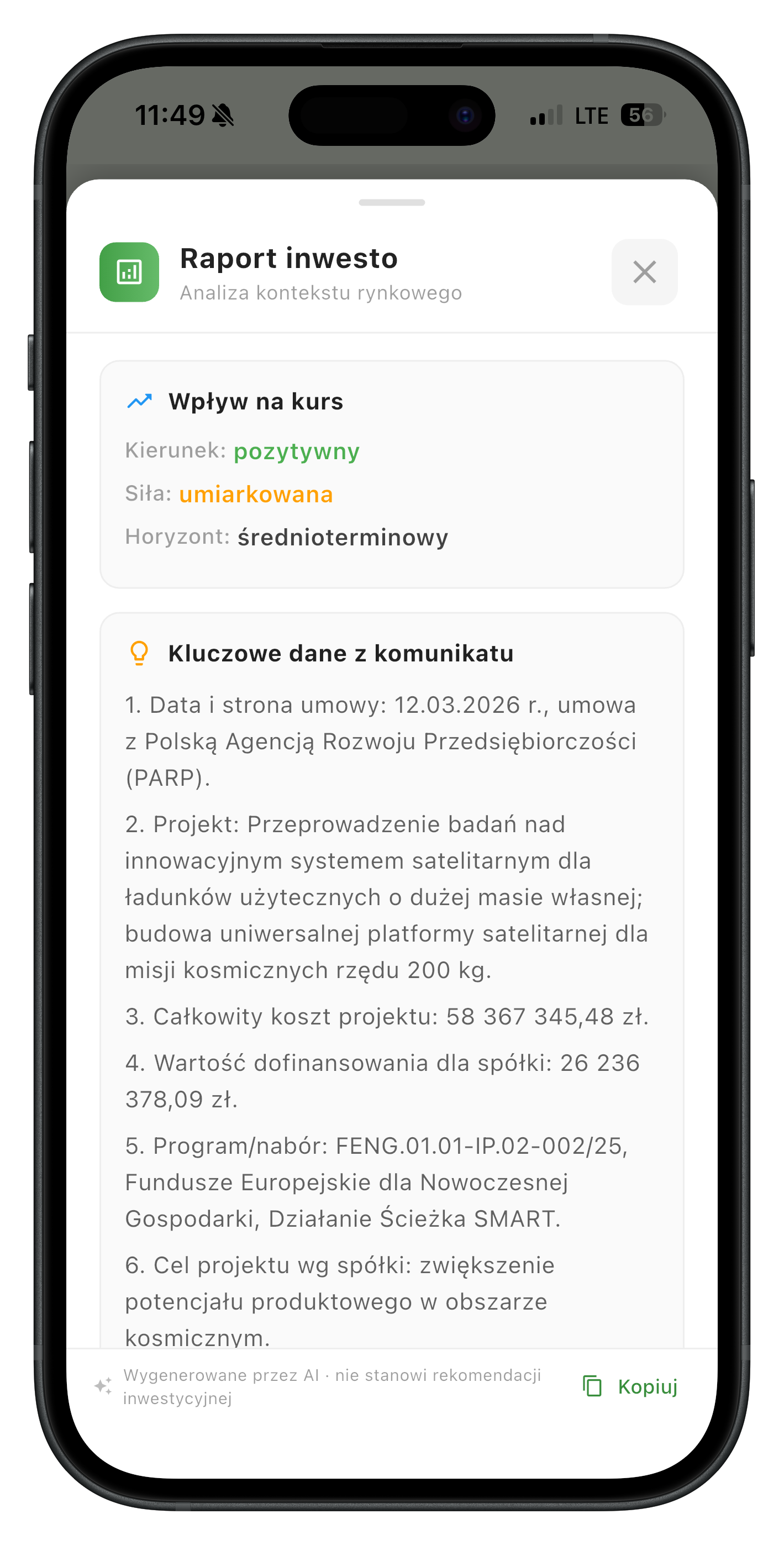 Raport AI z analizą wpływu komunikatu na kurs akcji